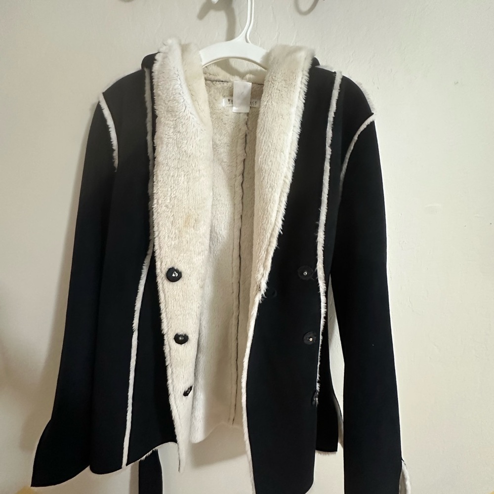 White House Black Market Black Pea Coat with White Faux Fur